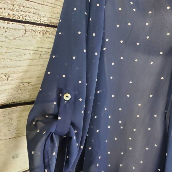 Daniel Rainn Navy Blue Polka Dot Sheer Tunic Top M Long Sleeve Lined - Picture 3 of 8